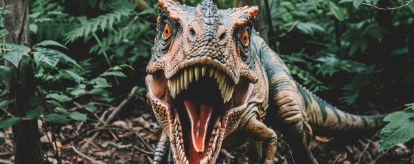 Fototapeta premium A close-up view of a dinosaur roaring with its mouth open wide, revealing sharp teeth. The dinosaur is surrounded by lush green foliage, creating a prehistoric scene