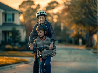 Stunning high resolution photos of a 14 year old son riding his mom on an electric scooter. Photos that capture the essence of the moment. Family