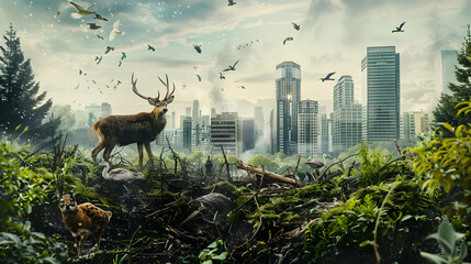 Obraz premium Nature Reclaiming the City: A Deer Amidst Urban Ruins - Illustration