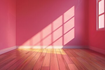 Empty room interior with a vibrant pink wall, natural wooden floor, and soft sunlight creating shadows