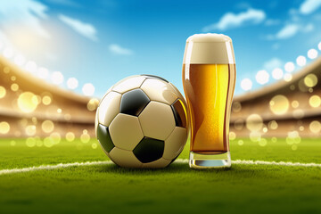 Beer and soccer ball on bokeh blur soccer stadium with copy space.  For sports marketing, posters, social media graphics, website banners, ads.	 International Beer Day