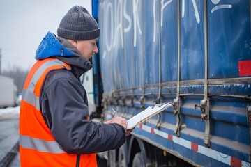 A trucker driver wearing a safety vest and a winter hat fills out paperwork near a large semi-trailer truck on a cold winter day