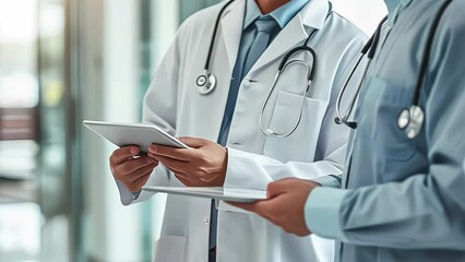 doctors discussing over a tablet in hospital for patient information, appointment and schedule. Database, medical and healthcare practitioner with technology for telehealth, service and medicine