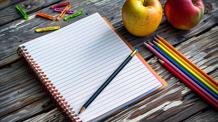 notebook with pencils and apple on a dark wooden background. tinting. selective focus