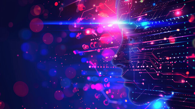 chatbot, comunicaci&oacute;n, masiva interconexi&oacute;n, asistente virtual, ayuda, centro de datos, neuronas, recurso gr&aacute;fico, morado azules, brillos fucias, paradigma disruptivo 