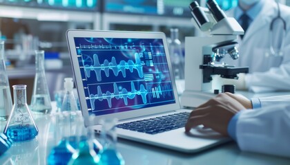 Research in the laboratory has an open laptop displaying DNA medical data using digital twin technology