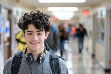 Fototapeta premium A teenage boy with curly hair smiles at the camera while wearing headphones and carrying a backpack in a high school hallway