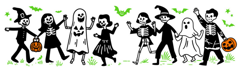 ハロウィンの仮装をして並んで歩く人々の愛いシンプルな落書きベクターイラスト