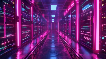 Fototapeta premium A digital eye surveys a neonlit server farm abstract
