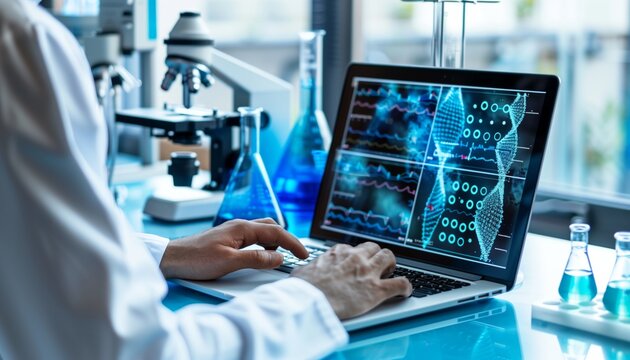 Research in the laboratory has an open laptop displaying DNA medical data using digital twin technology