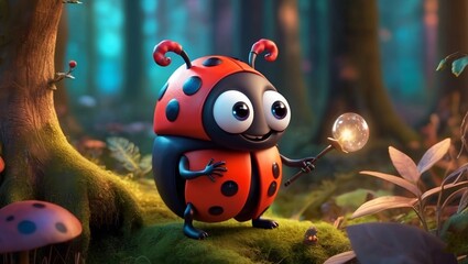 3D rendered illustration animated scene of a ladybug cute monster with expressive eyes and a playful demeanor with a magic wand