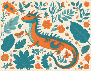 Fototapeta premium ,dragon in a lizard ,dragon with plants, berries, butterflies and other fauna with teal
