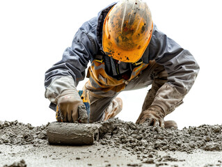 A man in a yellow helmet and orange safety vest is laying on his back