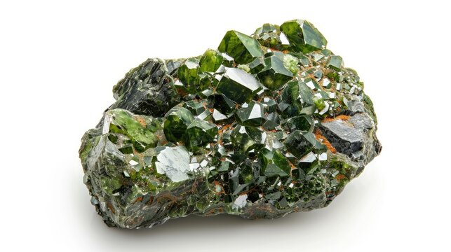 Close up image of unpolished demantoid mineral sample from Ural Mountains geological collection isolated on a white background