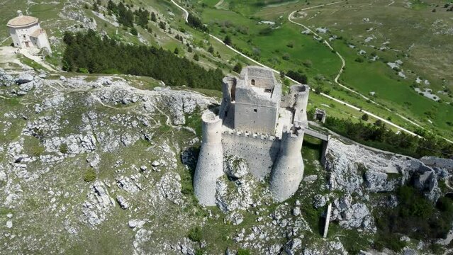 4K drone footage of Rocca Calascio which is a mountaintop fortress or rocca in the municipality of Calascio, in the Province of L'Aquila, Abruzzo