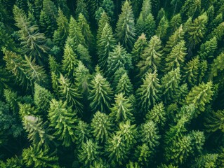 Obraz premium Medium shot of Aerial view of dense pine forest, green color, high resolution photography.