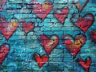 Brick wall with painted hearts in graffiti style.