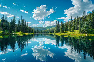 A lake in Colorado, near the town of Buntitled240857369, pine trees on hillsides, blue sky with clouds, reflections on the water, photo realistic, in the style of Canon EOS R5