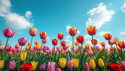 colorful tulip field in spring with a blue sky and white clouds