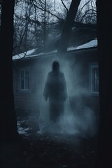 a person standing in front of a house in the dark
