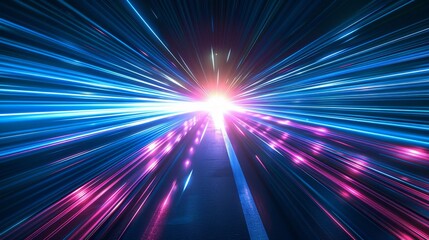 Dynamic trails of neon blue and pink lights converging towards a bright white center, creating a sense of speed and futuristic motion.	
