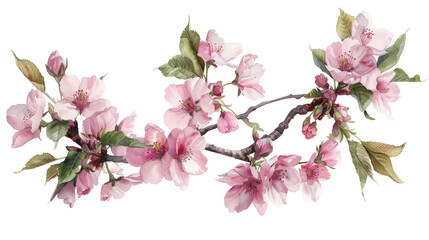 Beautiful watercolor illustration of a cherry blossom branch with delicate pink flowers and green leaves, perfect for spring-themed designs.