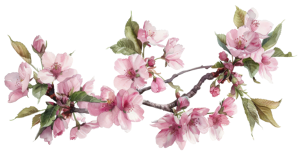 Beautiful watercolor illustration of a cherry blossom branch with delicate pink flowers and green leaves, perfect for spring-themed designs.