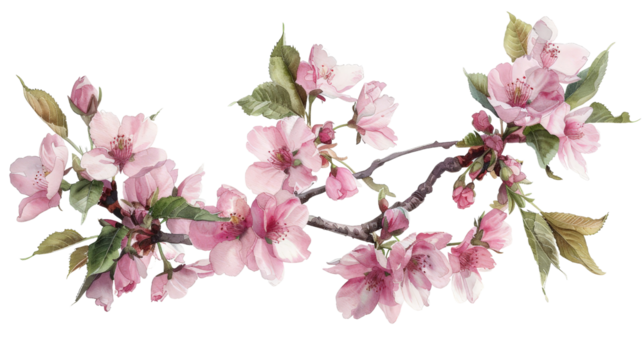 Beautiful watercolor illustration of a cherry blossom branch with delicate pink flowers and green leaves, perfect for spring-themed designs.