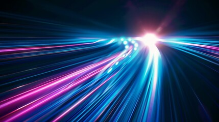 Dynamic trails of neon blue and pink lights converging towards a bright white center, creating a sense of speed and futuristic motion.	