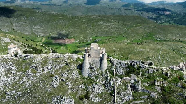4K drone footage of Rocca Calascio which is a mountaintop fortress or rocca in the municipality of Calascio, in the Province of L'Aquila, Abruzzo