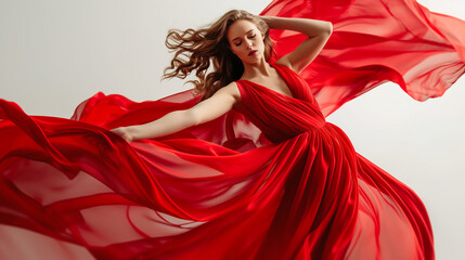Woman in red dress flying on wind, girl flow dancing over white background, fashion beauty model