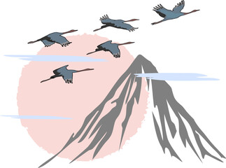 Birds on the background of the mountain.Vector illustration with birds on the background of the mountain and the sun on a transparent background.