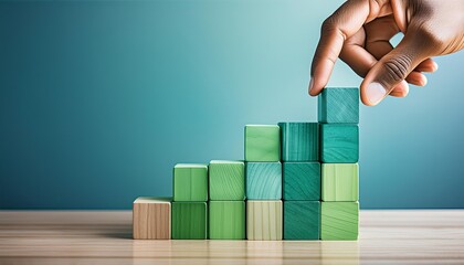 Hand stacking wooden blocks in a gradient from green to teal, symbolizing growth and progress in a business setting.	