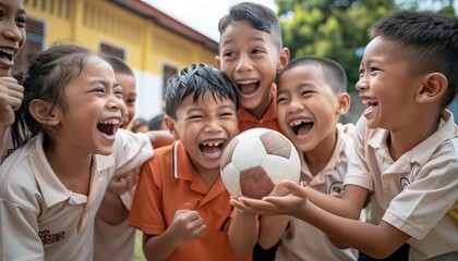 Obraz premium A group of school children excitedly gathered to show off the ball