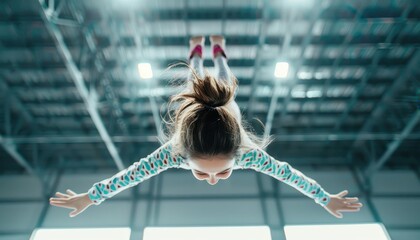 A young girl in colorful attire performing a mid-air flip in a trampoline park with an indoor setting and industrial ceiling.