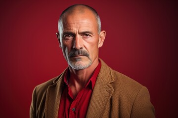 Obraz premium A man with a beard and mustache is wearing a red shirt and a brown jacket