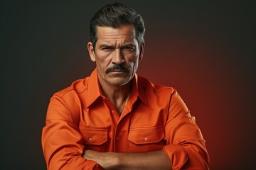 Obraz premium A man with a mustache and orange shirt is standing with his arms crossed