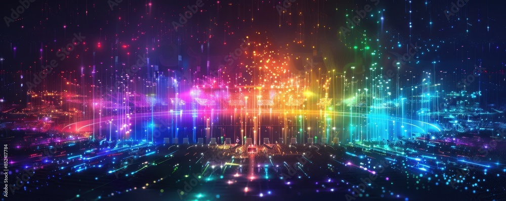 Poster Colorful abstract digital light patterns creating a vibrant and mesmerizing visual effect, suitable for backgrounds or artistic designs.