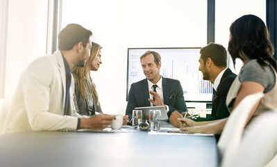 Meeting, data and business people in discussion at office for analyzing corporate investment strategy. Planning, team and financial advisors with company stocks, revenue or profit growth in workplace