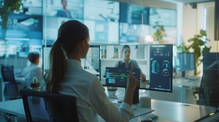 Obraz premium Office People Using Hologram in Modern Workplace Surrounded by Multiple Screens Showing European Business Colleagues in Video Conference, Daytime Office Environment with Futurist