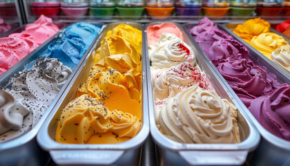various flavors of gelato ice cream in showcase ice cream shop