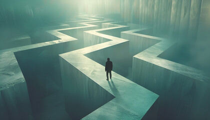 man lost in a complex maze, surreal concept
