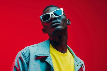 Obraz premium A young man wears sunglasses and a jacket while posing in front of a red background