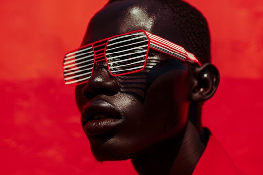 A close-up portrait of a person wearing red and white sunglasses against a red background