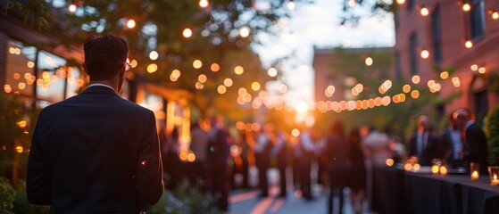 A beautiful outdoor gathering at sunset with people socializing under string lights, creating a warm and inviting atmosphere.