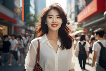 A woman wearing a white shirt and red lipstick stands in a busy street