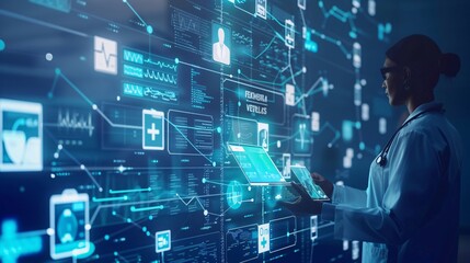 A woman is looking at a computer screen with a lot of information on it