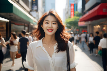 A woman in a white shirt and black purse is smiling in front of a red awning