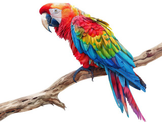 Fototapeta premium A vibrant, colorful macaw perched on a branch, showcasing its beautiful plumage. Suitable for use in various creative or educational projects.