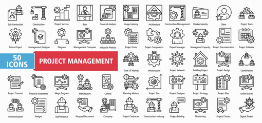 Project construction management icon collection set vector illustration. Containing subcontractor, design, success, boss, financial analysis, image industry, architecture icon. Simple line vector.